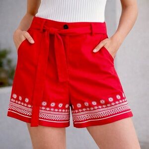 Ann Taylor Tie Waist High Rise Linen Blend Red Embroidered Belted Shorts Size 4